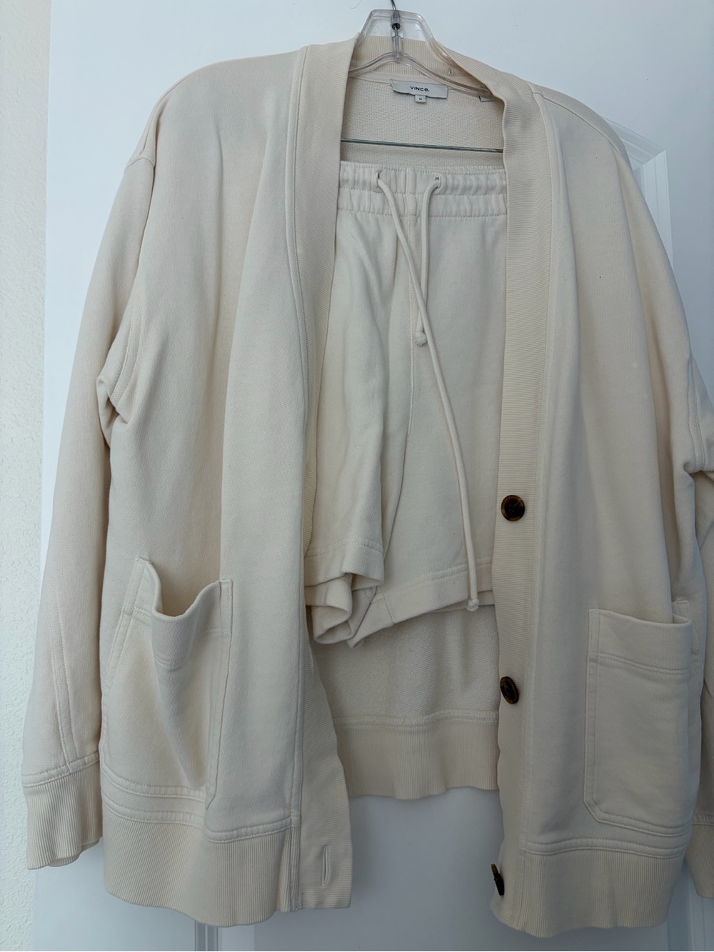 Vince Cream Button-Front Cardigan Jacket and shorts